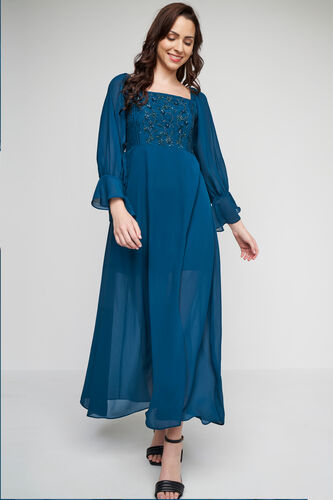 Teal Solid Flared Gown, Teal, image 2